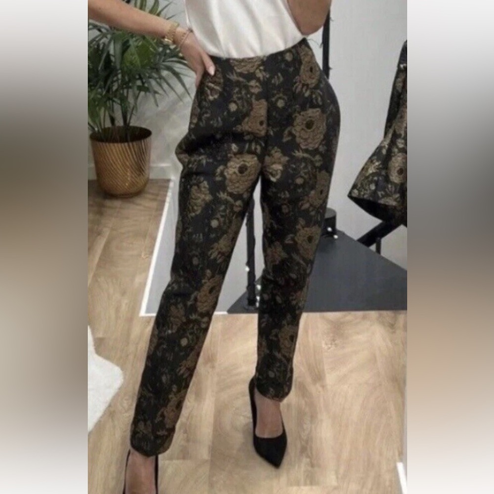Zara Floral jacquard Black and Gold Pants